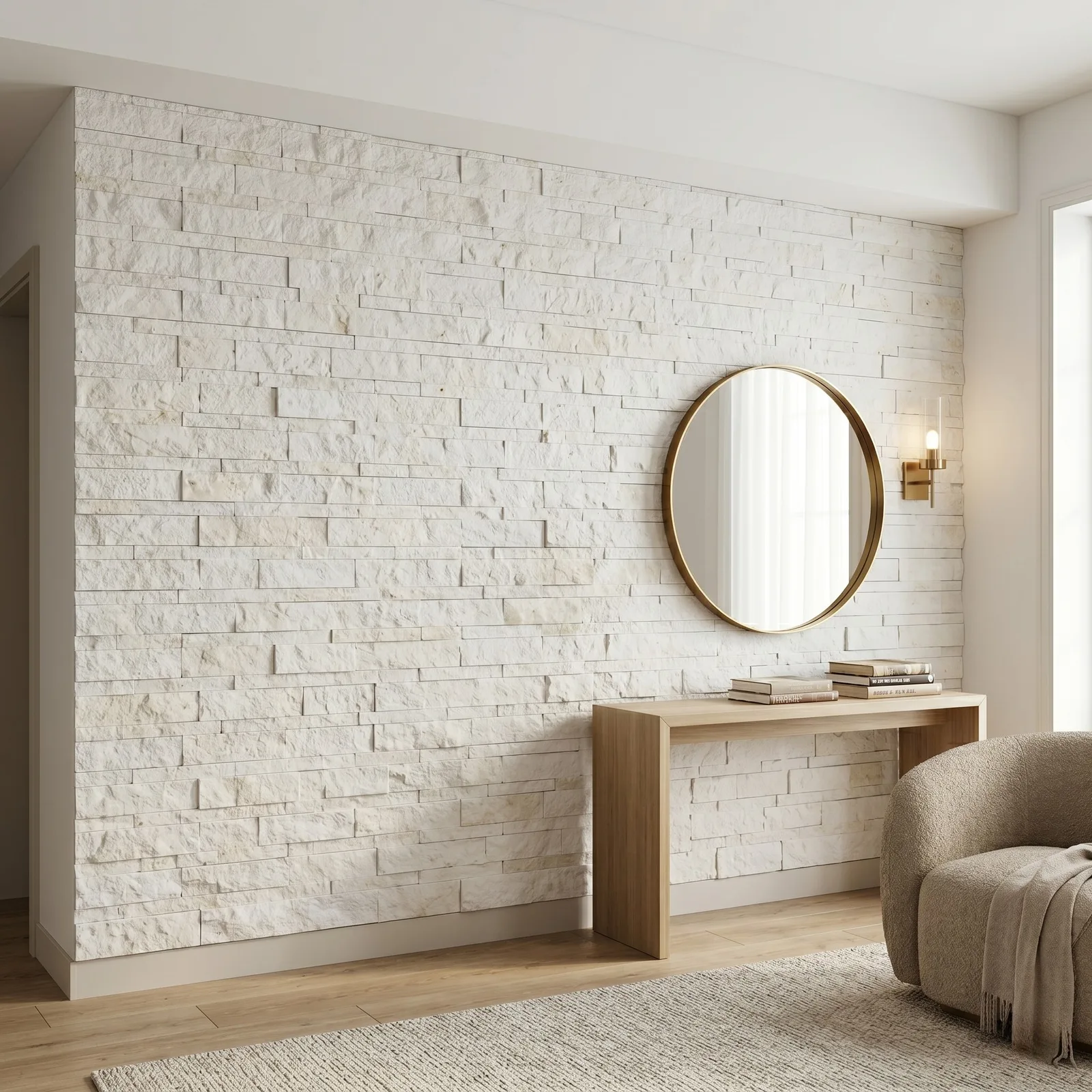 Living room wall clad in limestone ledger panel, a round mirror and slim timber console against the pale cream stone, with a low armchair alongside.